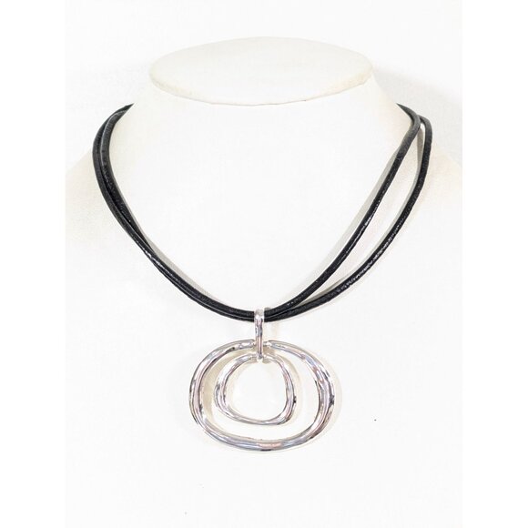 Chicos Silver Tone Modern Minimalist Pendant Double Black Cord Necklace 20" - Picture 1 of 7